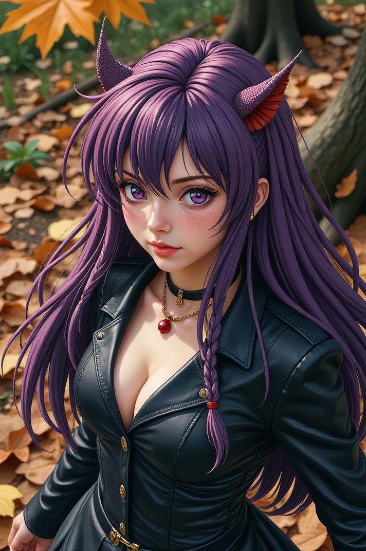 Anime style s Eastern Tiger Snake from Hellraiser universe, Grungey violet hair, autumn, aerial view shot
