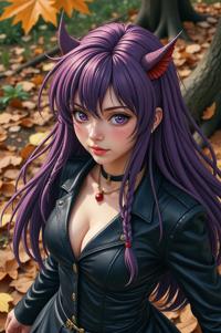 Anime style s Eastern Tiger Snake from Hellraiser universe, Grungey violet hair, autumn, aerial view shot