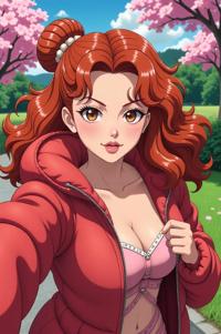 anime style masterpiece,best quality , Rachel terra cotta hair, spring