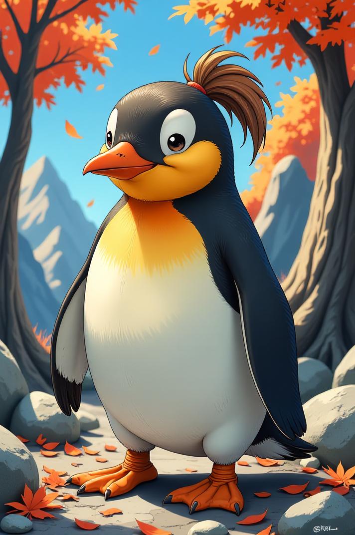 Anime style s Rockhopper Penguin from Mass Effect universe, Pony Tail khaki hair, autumn, knee level shot