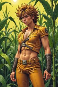 Anime style s Corn Earworm from Doom universe, Buffont tan hair, spring, hip level shot