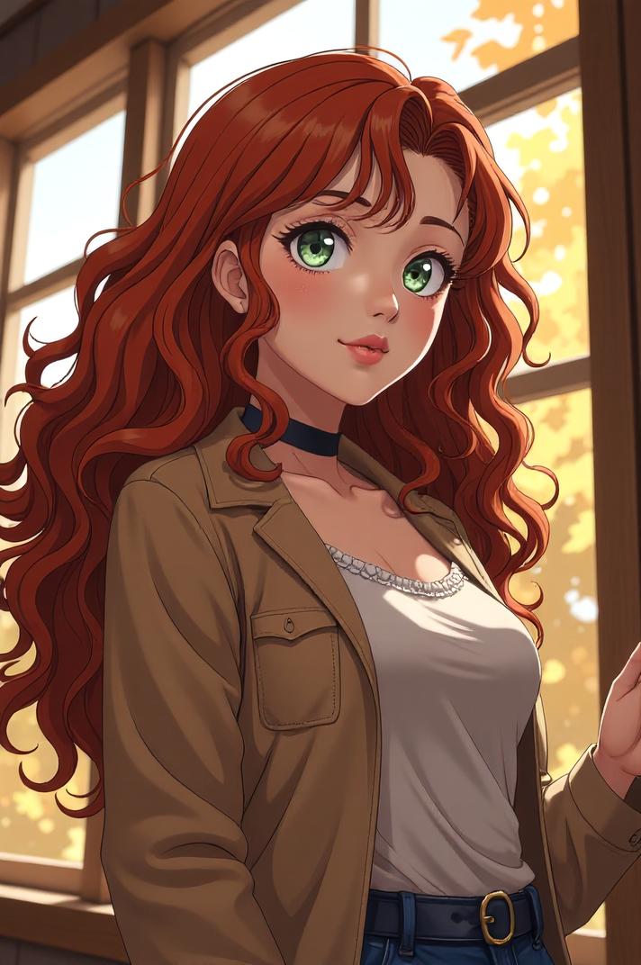 anime style masterpiece,best quality , Long Curly puce hair, autumn