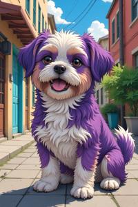 Anime style s Shih Tzu Mix from Rocketman universe, Pulled Back han purple hair, summer, ground level shot