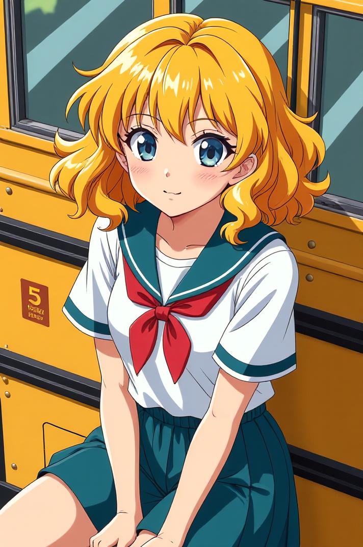 asian anime style marvel Heather McNeil Hudson masterpiece,best quality , asian anime, Top Curls school bus yellow hair