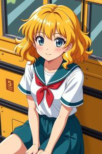asian anime style marvel Heather McNeil Hudson masterpiece,best quality , asian anime, Top Curls school bus yellow hair