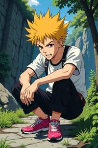 Anime style s Chigger from Vertigo universe, Spike saffron hair, spring, ground level shot