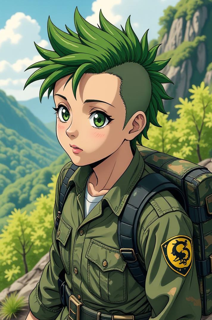 Anime style s Terrier from Band of Brothers universe, Mohawk Short camouflage green hair, spring, aerial view shot