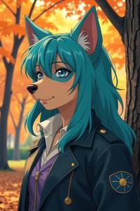 Anime style s Corgidor from Matrix universe, That s all azure hair, autumn, looking away shot