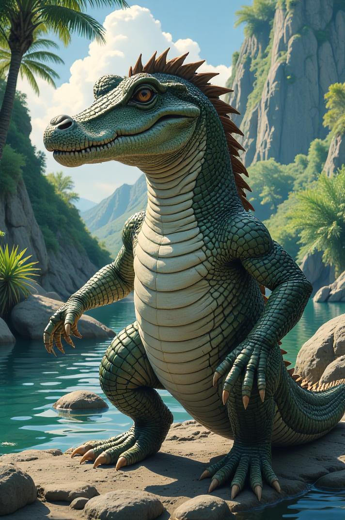Anime style s Crocodylomorph from Narcos universe, Lob brown hair, summer, from above shot