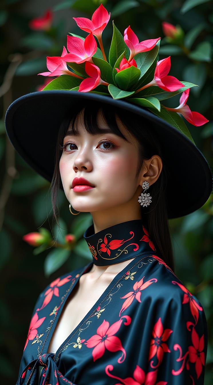photograph, Flamboyant slight Woman , wearing Captivating headwear, her headwear is inspired by nature