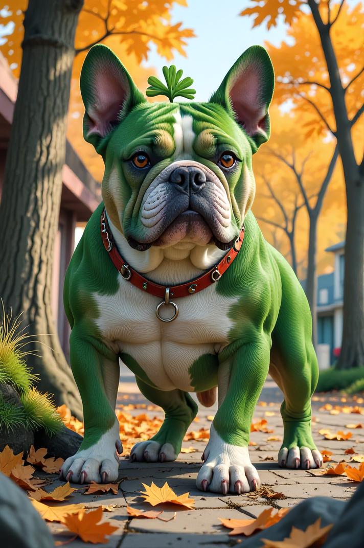 Anime style s Bulldog Mix from Fallout universe, Spikes shamrock green hair, autumn, ground level shot