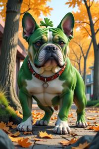 Anime style s Bulldog Mix from Fallout universe, Spikes shamrock green hair, autumn, ground level shot