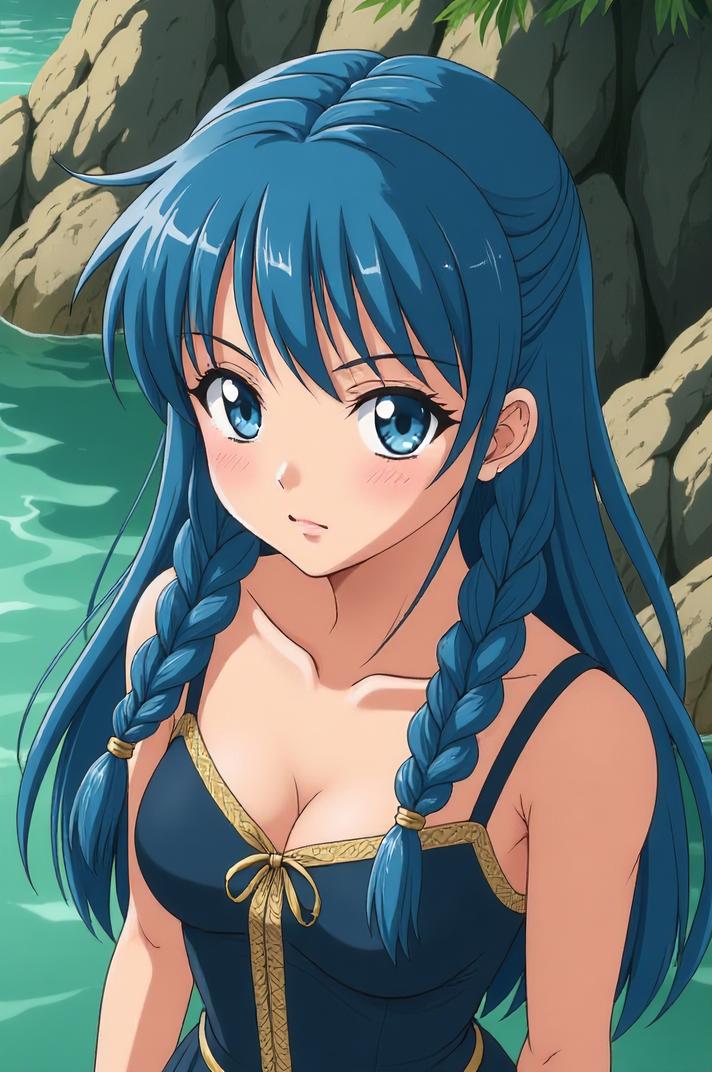 Anime style s Quahog Clam from Lord of the Rings universe, Cornrows prussian blue hair, spring, from above shot