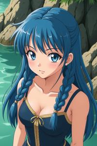 Anime style s Quahog Clam from Lord of the Rings universe, Cornrows prussian blue hair, spring, from above shot
