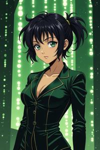 Anime style s Daug from Matrix universe, Lob Curly bistre hair, spring, hip level shot
