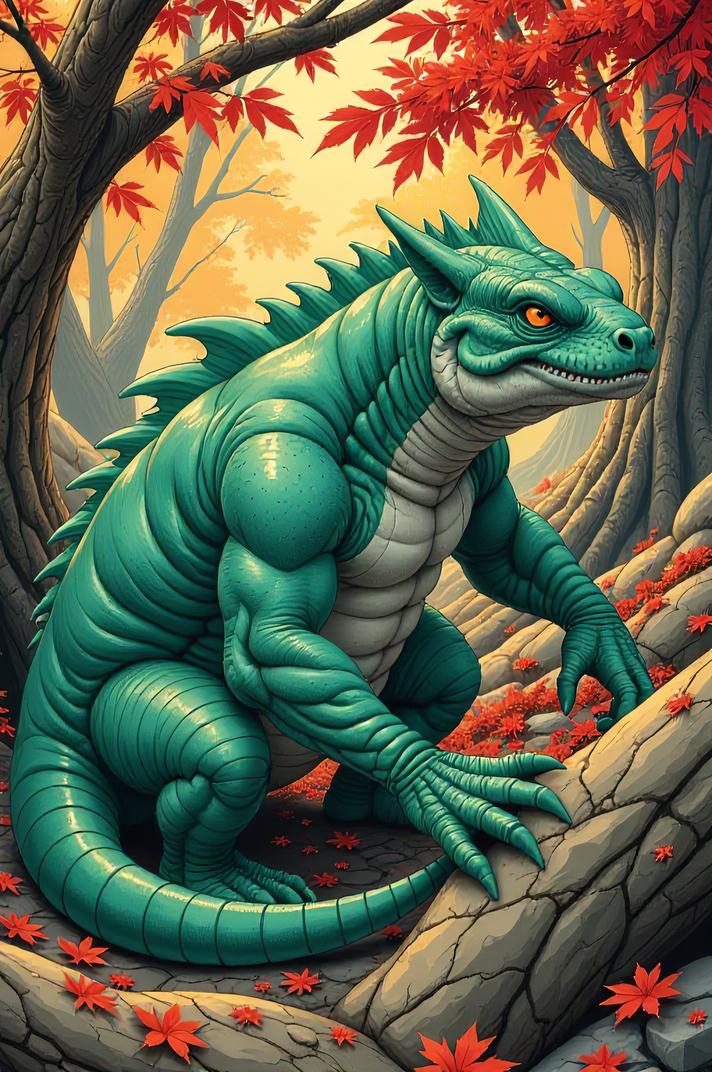 Anime style s Dunkleosteus from Marvel universe, Greased Back mint green hair, autumn, high angle shot