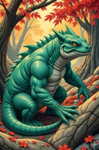 Anime style s Dunkleosteus from Marvel universe, Greased Back mint green hair, autumn, high angle shot