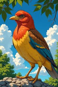 Anime style s Eastern Meadowlark from Doom universe, Center Parting bronze hair, summer, low angle shot