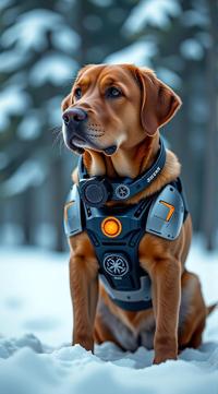 sci fi, digital art, robotic Labrador Retriever, wearing Contemporary cybernetics