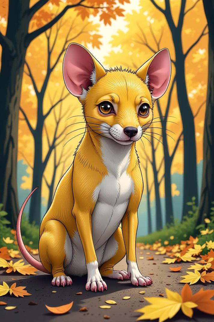 Anime style s Rat Terrier from Doom universe, Flat Top lemon hair, autumn, perspective shot