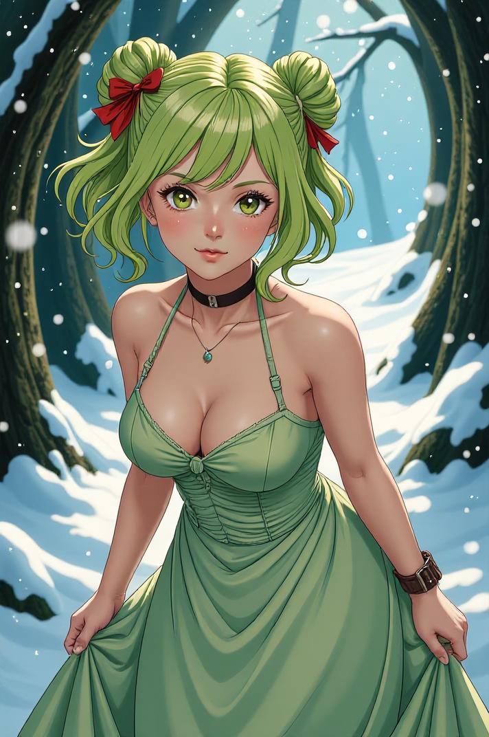 anime style masterpiece,best quality , Grungey lime hair, winter