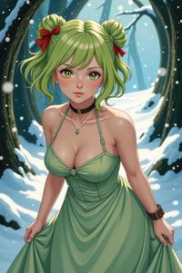 anime style masterpiece,best quality , Grungey lime hair, winter