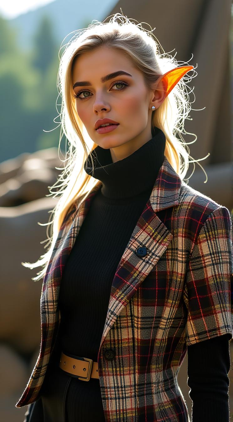 Fashion photography of a supermodel, as Scottish Alien, dressed in fashion outfit, side lit