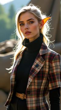 Fashion photography of a supermodel, as Scottish Alien, dressed in fashion outfit, side lit