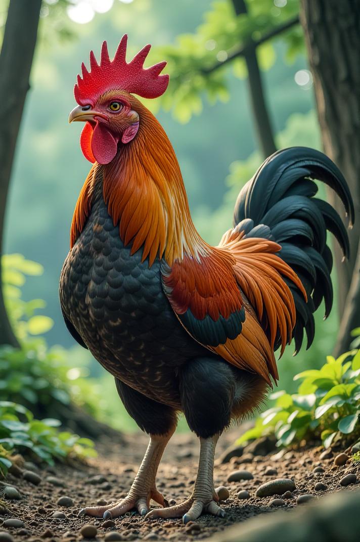 Anime style s Leghorn Chicken from Jurassic Park universe, Rachel alizarin hair, spring, looking away shot