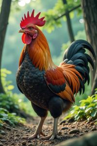 Anime style s Leghorn Chicken from Jurassic Park universe, Rachel alizarin hair, spring, looking away shot