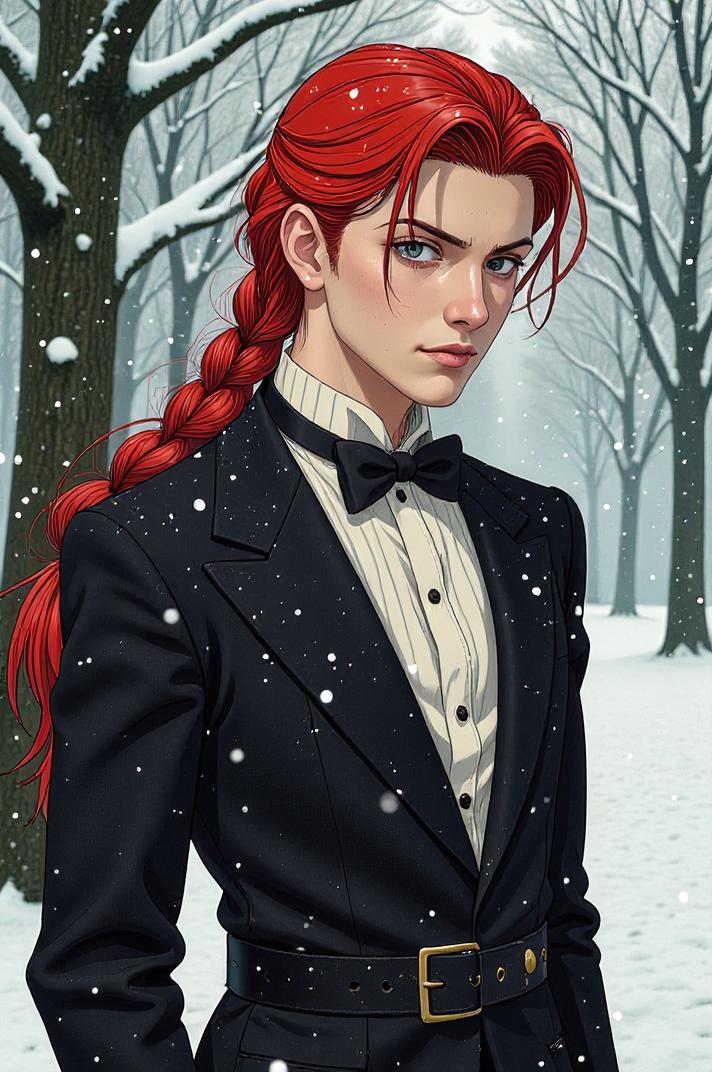 Anime style s Partridge from Vertigo universe, Longer Braids cardinal hair, winter, from above shot