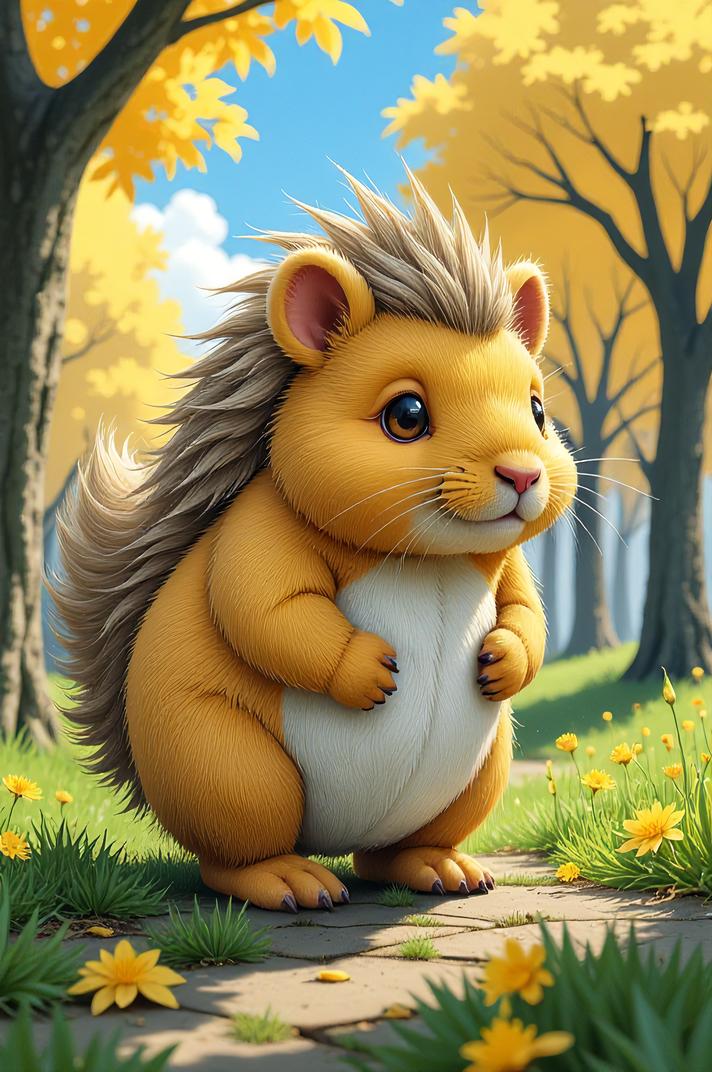 Anime style s Doedicurus from Alice s Adventures in Wonderland universe, Grungey Parted dandelion hair, autumn, perspective shot