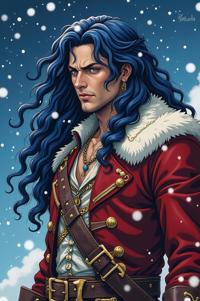 Anime style s Golden Eagle from Pirates of the Caribbean universe, Long Curly cobalt hair, winter, looking away shot