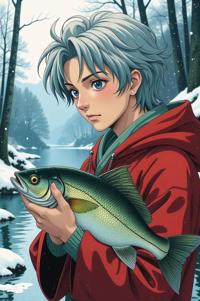 Anime style s Freshwater Sunfish from Lord of the Rings universe, Mullet Curly silver hair, winter, shoulder level shot