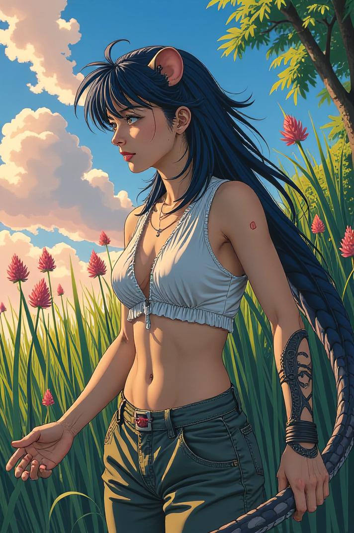 Anime style s Great Plains Rat Snake from Alien universe, Mullet indigo hair, summer, from below shot