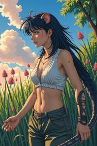 Anime style s Great Plains Rat Snake from Alien universe, Mullet indigo hair, summer, from below shot