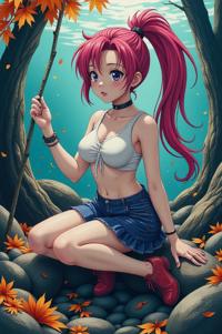 Anime style s Sea Bass from Alien universe, Pony Tail magenta hair, autumn, knee level shot