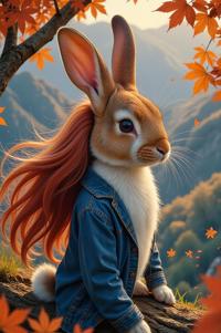 Anime style s Dutch Rabbit from Dune universe, Grungey Long firebrick hair, autumn, aerial view shot