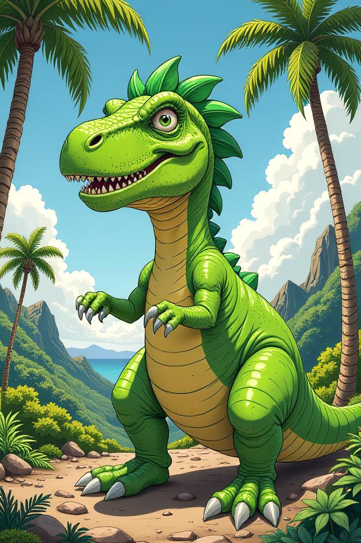Anime style s Masiakasaurus from Rick and Morty universe, Pulled Back shamrock green hair, summer, looking away shot