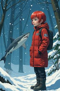 Anime style s Cookiecutter Shark from Mass Effect universe, Lob myrtle hair, winter, ground level shot