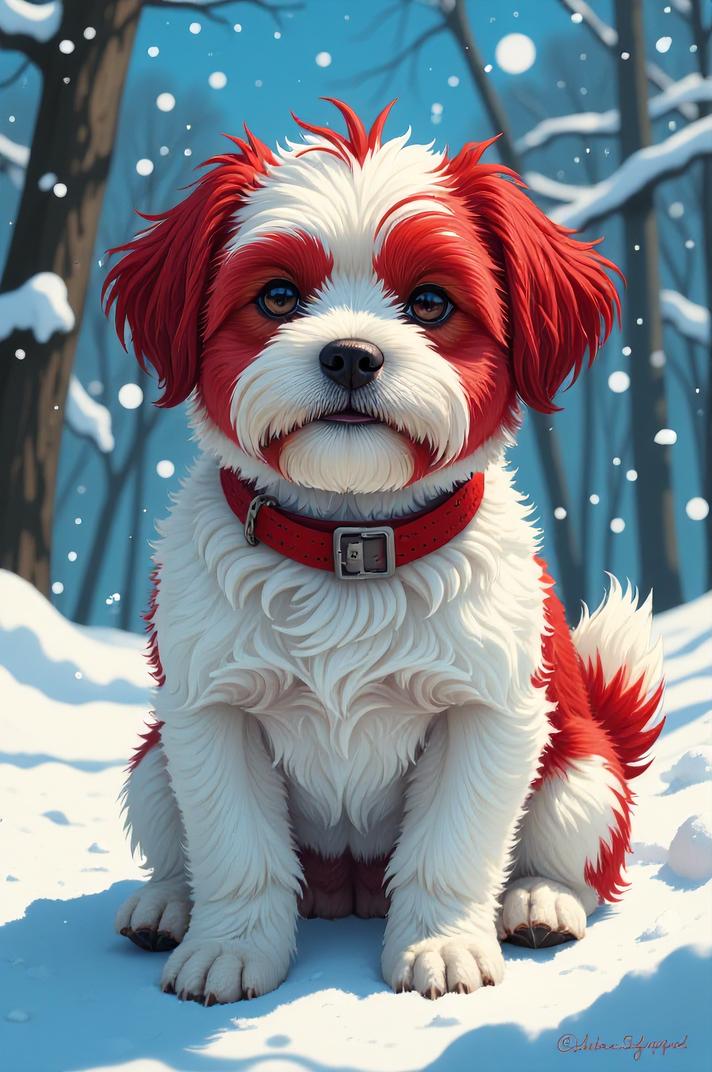 Anime style s Maltese Shih Tzu from Band of Brothers universe, Spikes cardinal hair, winter, knee level shot