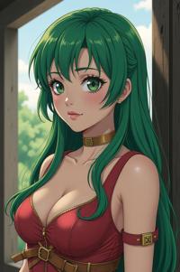 Anime style s Tiffany from The Witcher universe, Center Parting olive hair, spring, from above shot