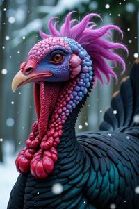 Anime style s Ocellated Turkey from Hellraiser universe, Over Eye Curly amethyst hair, winter, from below shot