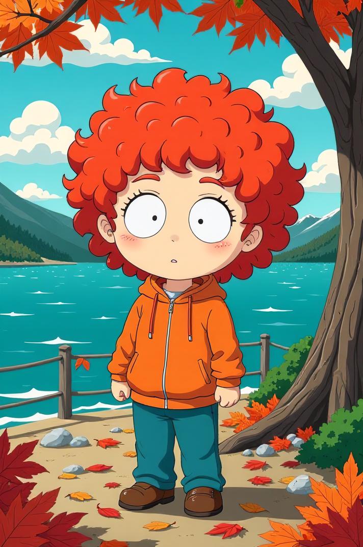 Anime style s Olive Sea Snake from South Park universe, Bob Curly coral hair, autumn, perspective shot