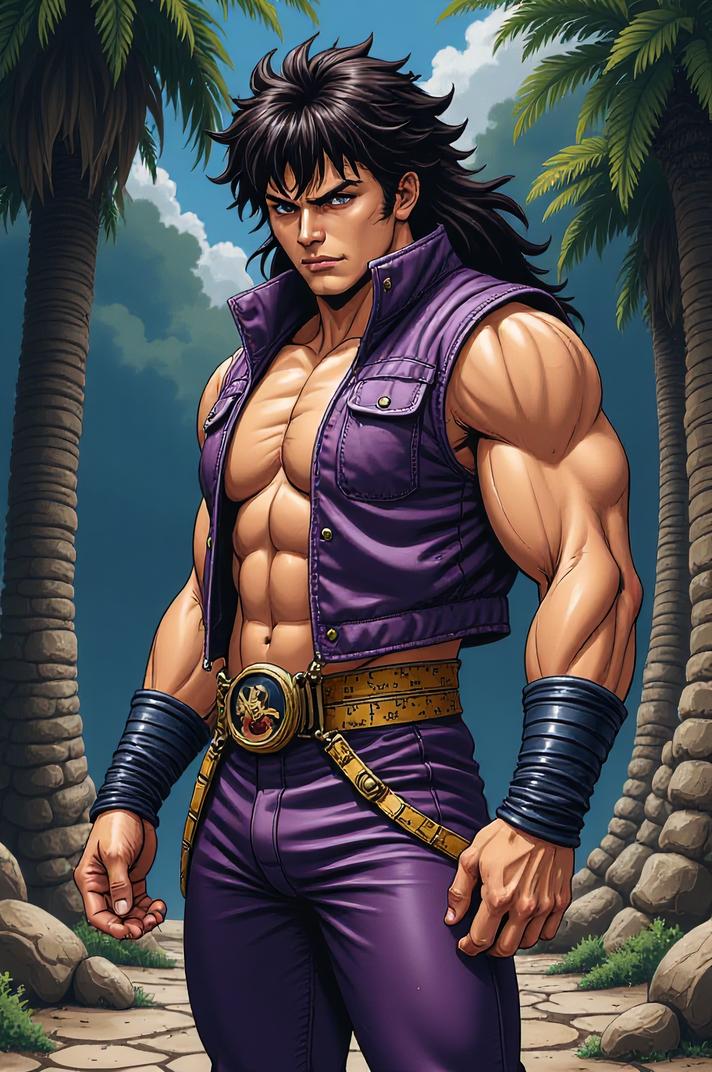 Anime style s Sloth from Mortal kombat universe, Mullet Curly buff hair, spring, hip level shot
