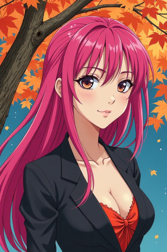 Anime style s American Wirehair from Fifth Element universe, Center Parting magenta hair, autumn, from below shot