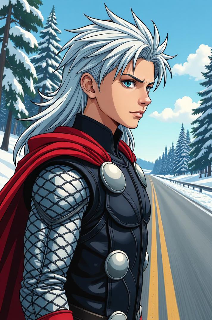 asian anime style marvel Thor masterpiece,best quality , asian anime, Mullet denim hair