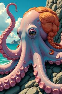 Anime style s Octopus from Lord of the Rings universe, Cornrows saffron hair, summer, perspective shot