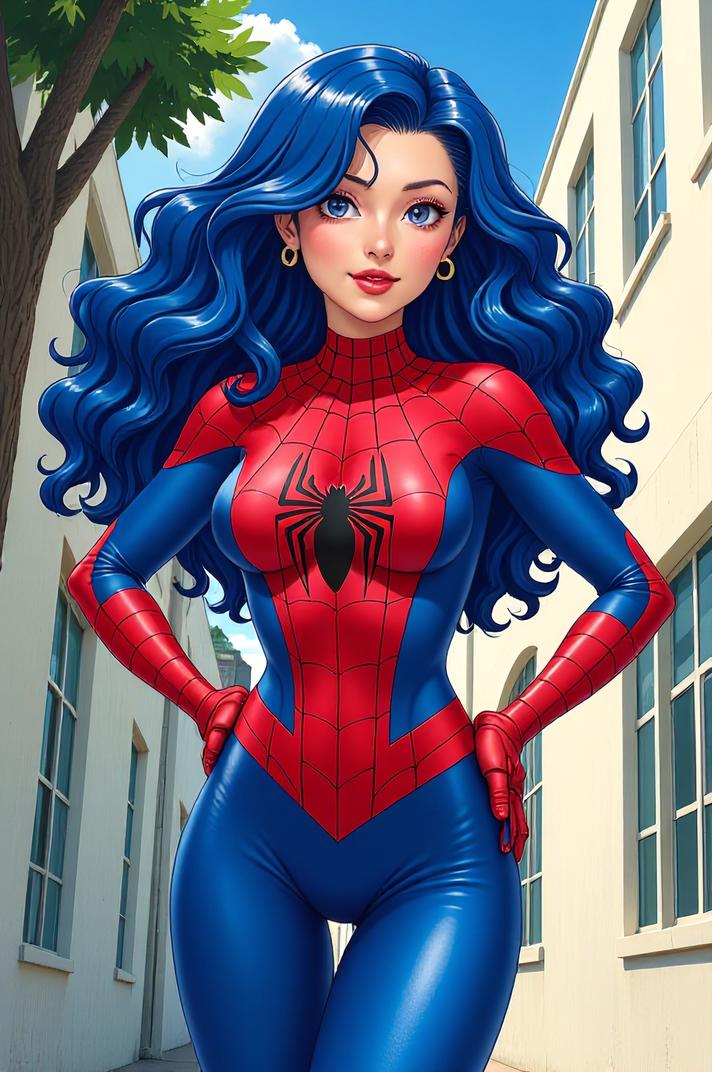 asian anime style marvel Spider Woman masterpiece,best quality , asian anime, Long Curly royal blue hair