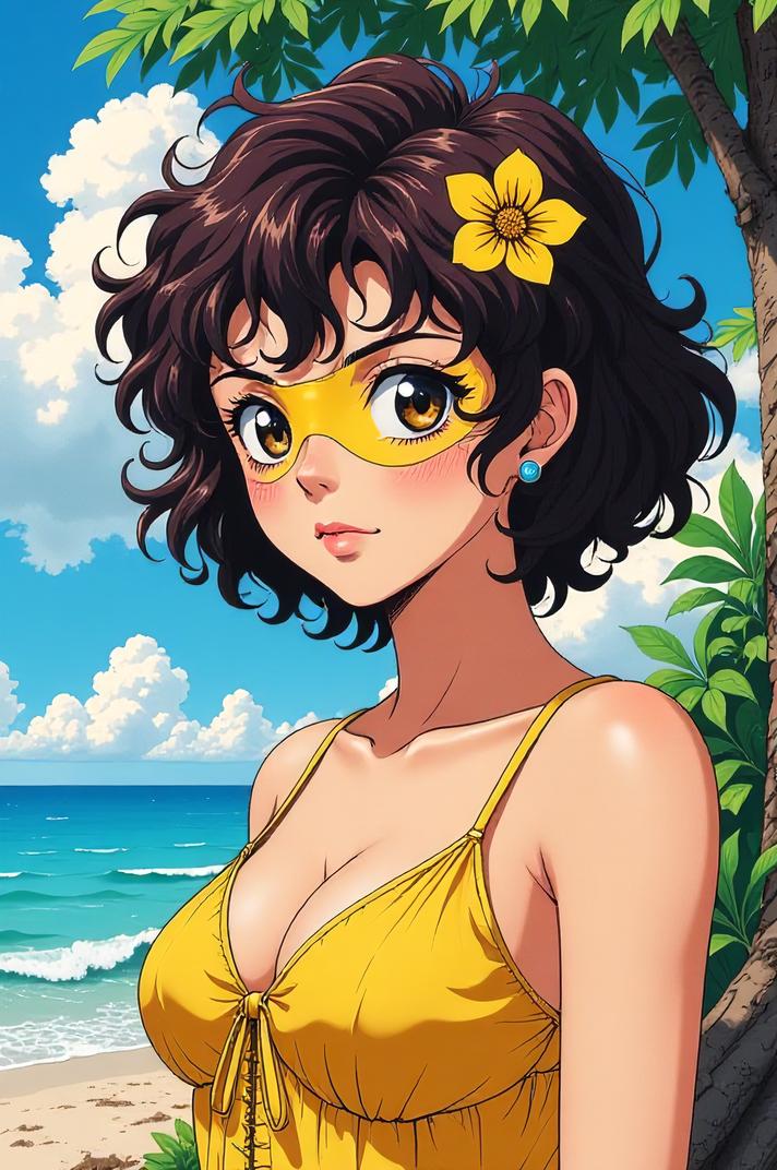 Anime style s Yellow faced Bee from Vertigo universe, Short Curly french rose hair, summer, shoulder level shot